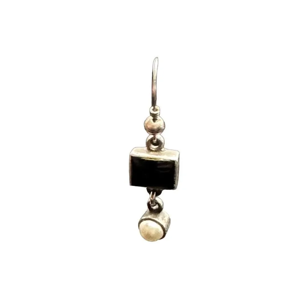 Sterling Silver Dangle Earrings Square Black Onyx with dangle faux pearl cabocho